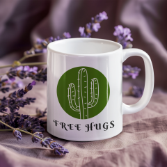 Free Hugs Kaktüs Baskılı Porselen Kupa 300ml - Kupa Bardak