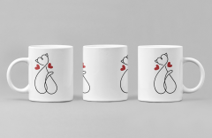Sevimli Kedi ve Kalp Desenli Porselen Kupa - 300 ml Aşk Temalı Hediye