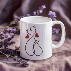 Sevimli Kedi ve Kalp Desenli Porselen Kupa - 300 ml Aşk Temalı Hediye