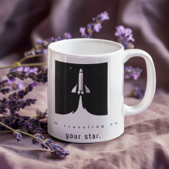 Uzay Roketi Tasarımlı Porselen Kupa Bardak - ''I'm Traveling To Your Star'' 300 ml
