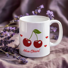 ''Mon Chéri'' Kiraz Desenli Porselen Kupa Bardak - Aşk Temalı Hediye 300 ml