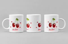 ''Mon Chéri'' Kiraz Desenli Porselen Kupa Bardak - Aşk Temalı Hediye 300 ml