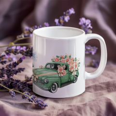 Suluboya Vintage Kamyon ve Çiçek Buketi Desenli Porselen Kupa Bardak - 300 ml