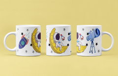 Uzaya Yolculuk Başlasın! Astronot ve Roket Desenli Porselen Baskılı  Kupa Bardak (300 ml)