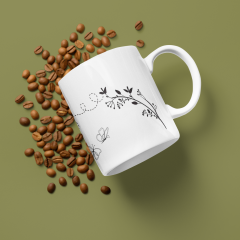 Kelebeklerin Dansı Elinizde! Zarif Çiçek Dalı ve Kelebek Desenli Porselen Baskılı Kupa Bardak (300 ml)