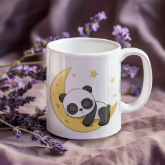 Tatlı Rüyalar Elinizde! Uyuyan Panda ve Balonlu Tavşan Desenli Porselen Baskılı Kupa Bardak (300 ml)
