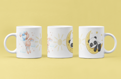 Tatlı Rüyalar Elinizde! Uyuyan Panda ve Balonlu Tavşan Desenli Porselen Baskılı Kupa Bardak (300 ml)