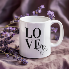 Minimalist Aşk! ''LOVE'' Yazılı ve Kalp Desenli Porselen Baskılı  Kupa Bardak (300 ml)