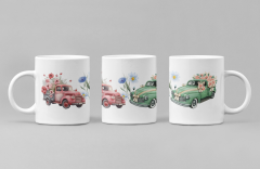 Baharı Yansıtan Hediye: Nostaljik Kamyonet ve Çiçek Porselen  Baskılı Kupa Bardak 300 ml