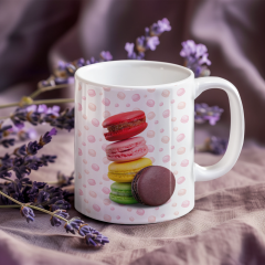 Lezzetli Anılarla Dolu: Makaron Desenli Porselen Baskılı Kupa Bardak - 300 ml