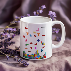 Nostaljik Oyun Tutkunlarına Özel: Level 6 Detaylı Tetris Temalı 300 ml Parlak Yüzeyli Porselen Kupa - Eğlenceli ve Kişisel Hediye Seçeneği