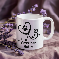 Hayvan Sağlığına Adanmış Hayatlar İçin: Stetoskop ve Pati Sembollü 300 ml Dayanıklı Porselen Baskılı Kupa Bardak - Veteriner Hekimlere Özel Tasarım