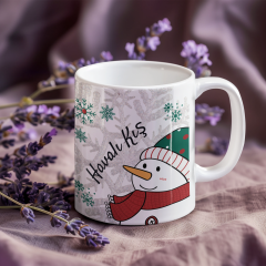 Sevimli Kardan Adam ve Kar Tanesi Baskılı Porselen Baskılı  Kupa Bardak - ''Havalı Kış'' Yazılı, 300 ml, Eğlenceli Kış Hediyesi