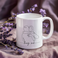 ''Hug Me'' Sarılma Temalı Porselen Baskılı Kupa Bardak - Tek Çizgi Tasarım, 300 ml, Sevgi Hediyesi
