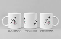 ''A'' Harfi ve Çiçek Desenli Porselen Kupa Bardak - Kişiye Özel Baş Harf Hediyesi, 300 ml
