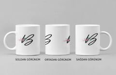 ''B'' Harfi ve Zarif Çiçek Desenli Porselen Kupa Bardak - Kişiye Özel Baş Harf Hediye, 300 ml