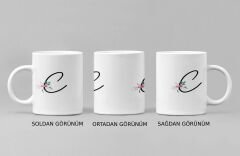 ''C'' Harfi ve Narin Çiçek Desenli Porselen Kupa Bardak - Kişiye Özel Baş Harf Hediye, 300 ml