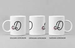 ''D'' Harfi ve Zarif Çiçek Desenli Porselen Kupa Bardak - Kişiye Özel Baş Harf Hediye, 300 ml