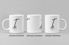 ''İ'' Harfi ve Zarif Çiçek Desenli Porselen Kupa Bardak - Kişiye Özel Baş Harf Hediye, 300 ml