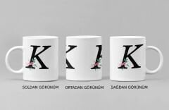 ''K'' Harfi ve Zarif Çiçek Desenli Porselen Kupa Bardak - Kişiye Özel Baş Harf Hediye, 300 ml