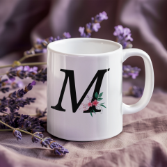 M Harfli Floral Detaylı Porselen Baskılı Kupa Bardak - 300 ml Kişiye Özel Hediye