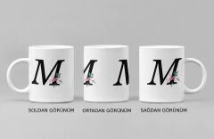 M Harfli Floral Detaylı Porselen Baskılı Kupa Bardak - 300 ml Kişiye Özel Hediye