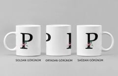 P Harfi ve Renkli Çiçeklerin Buluşması: Porselen Kupa Bardak (300 ml)
