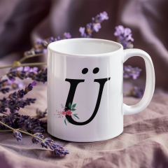 Ü Harfi ve Renkli Çiçeklerin Buluşması: Porselen Kupa Bardak (300 ml)