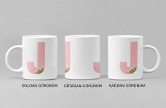 Kişiye Özel J Harfli Pembe Çiçekli Kupa Bardak - İsim Baş Harfli Porselen Kupa (300 ml)