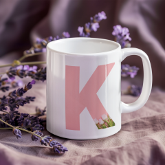 Kişiye Özel K Harfli Pembe Çiçekli Kupa Bardak - İsim Baş Harfli Porselen Kupa Bardak (300 ml)