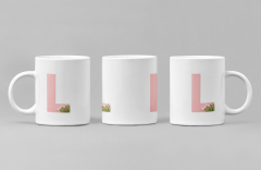 Kişiye Özel L Harfli Pembe Çiçekli Kupa Bardak - Baş Harfe Özel Porselen Mug (300 ml)