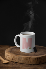Kişiye Özel M Harfli Pembe Çiçekli Kupa Bardak - Baş Harfe Özel Porselen Mug (300 ml)