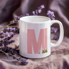 Kişiye Özel M Harfli Pembe Çiçekli Kupa Bardak - Baş Harfe Özel Porselen Mug (300 ml)