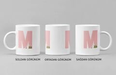 Kişiye Özel M Harfli Pembe Çiçekli Kupa Bardak - Baş Harfe Özel Porselen Mug (300 ml)