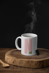 Kişiye Özel N Harfli Pembe Çiçekli Kupa Bardak - Baş Harfe Özel Porselen Mug (300 ml)