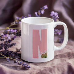 Kişiye Özel N Harfli Pembe Çiçekli Kupa Bardak - Baş Harfe Özel Porselen Mug (300 ml)