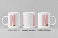 Kişiye Özel N Harfli Pembe Çiçekli Kupa Bardak - Baş Harfe Özel Porselen Mug (300 ml)