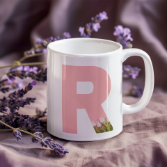 Kişiye Özel R Harfli Pembe Çiçekli Kupa Bardak - Baş Harfe Özel Porselen Mug (300 ml)