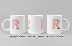 Kişiye Özel R Harfli Pembe Çiçekli Kupa Bardak - Baş Harfe Özel Porselen Mug (300 ml)