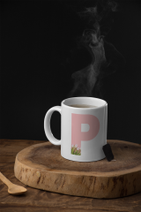 Kişiye Özel P Harfli Pembe Çiçekli Kupa Bardak - Baş Harfe Özel Porselen Mug (300 ml)