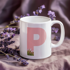 Kişiye Özel P Harfli Pembe Çiçekli Kupa Bardak - Baş Harfe Özel Porselen Mug (300 ml)
