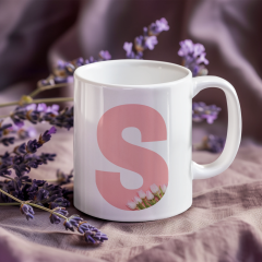 Kişiye Özel S Harfli Pembe Çiçekli Kupa Bardak - Baş Harfe Özel Porselen Mug (300 ml)