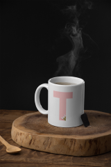 Kişiye Özel T Harfli Pembe Çiçekli Kupa Bardak - Baş Harfe Özel Porselen Mug (300 ml)