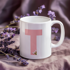 Kişiye Özel T Harfli Pembe Çiçekli Kupa Bardak - Baş Harfe Özel Porselen Mug (300 ml)