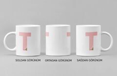 Kişiye Özel T Harfli Pembe Çiçekli Kupa Bardak - Baş Harfe Özel Porselen Mug (300 ml)