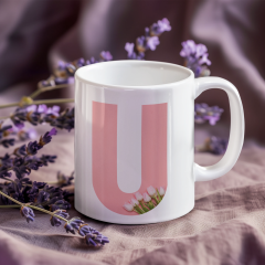 Kişiye Özel U Harfli Pembe Çiçekli Kupa Bardak - Baş Harfe Özel Porselen Mug (300 ml)