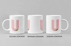 Kişiye Özel U Harfli Pembe Çiçekli Kupa Bardak - Baş Harfe Özel Porselen Mug (300 ml)