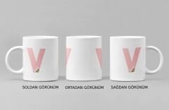 Kişiye Özel V Harfli Pembe Çiçekli Kupa Bardak - Baş Harfe Özel Porselen Mug (300 ml)
