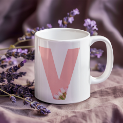 Kişiye Özel V Harfli Pembe Çiçekli Kupa Bardak - Baş Harfe Özel Porselen Mug (300 ml)