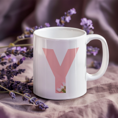 Kişiye Özel Y Harfli Pembe Çiçekli Kupa Bardak - Baş Harfe Özel Porselen Mug (300 ml)